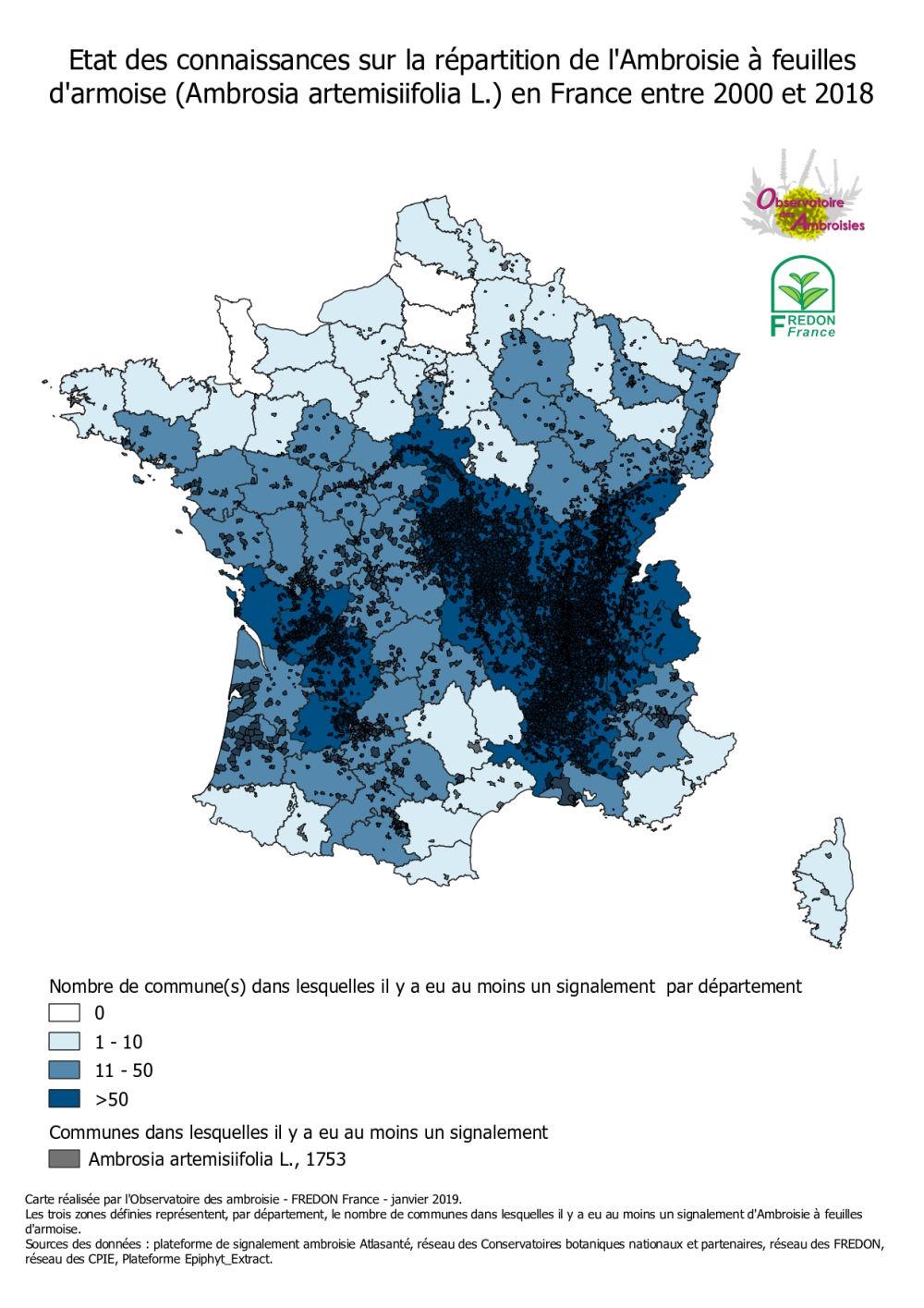 carte ambroisie à feuilles d'armoise 2018